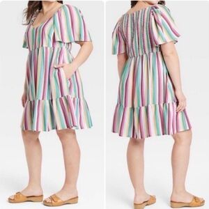 Ava & Viv Multicolor Striped Smocked Dress with Pockets